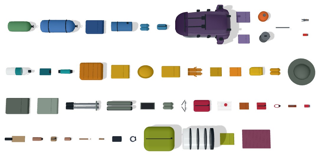 A kit for five days in bear country laid out from above: a pack, a tent, a quilt and pad, clothes, a stove and pot, poles, a bear canister and food