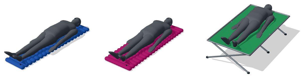 A regular pad, a regular wide pad and a Trailhead II cot, at one scale, a person lying on each
