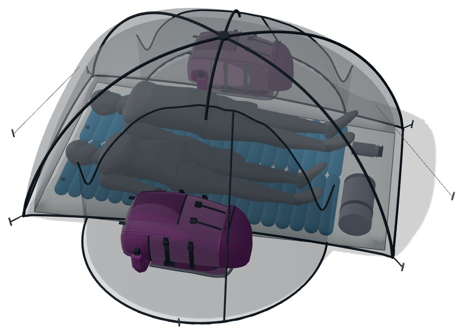 The Big Agnes Copper Spur UL2 in 3D, see-through: a man and a woman lying on two pads, a clothes bag and a bottle past their feet, and a pack in each vestibule